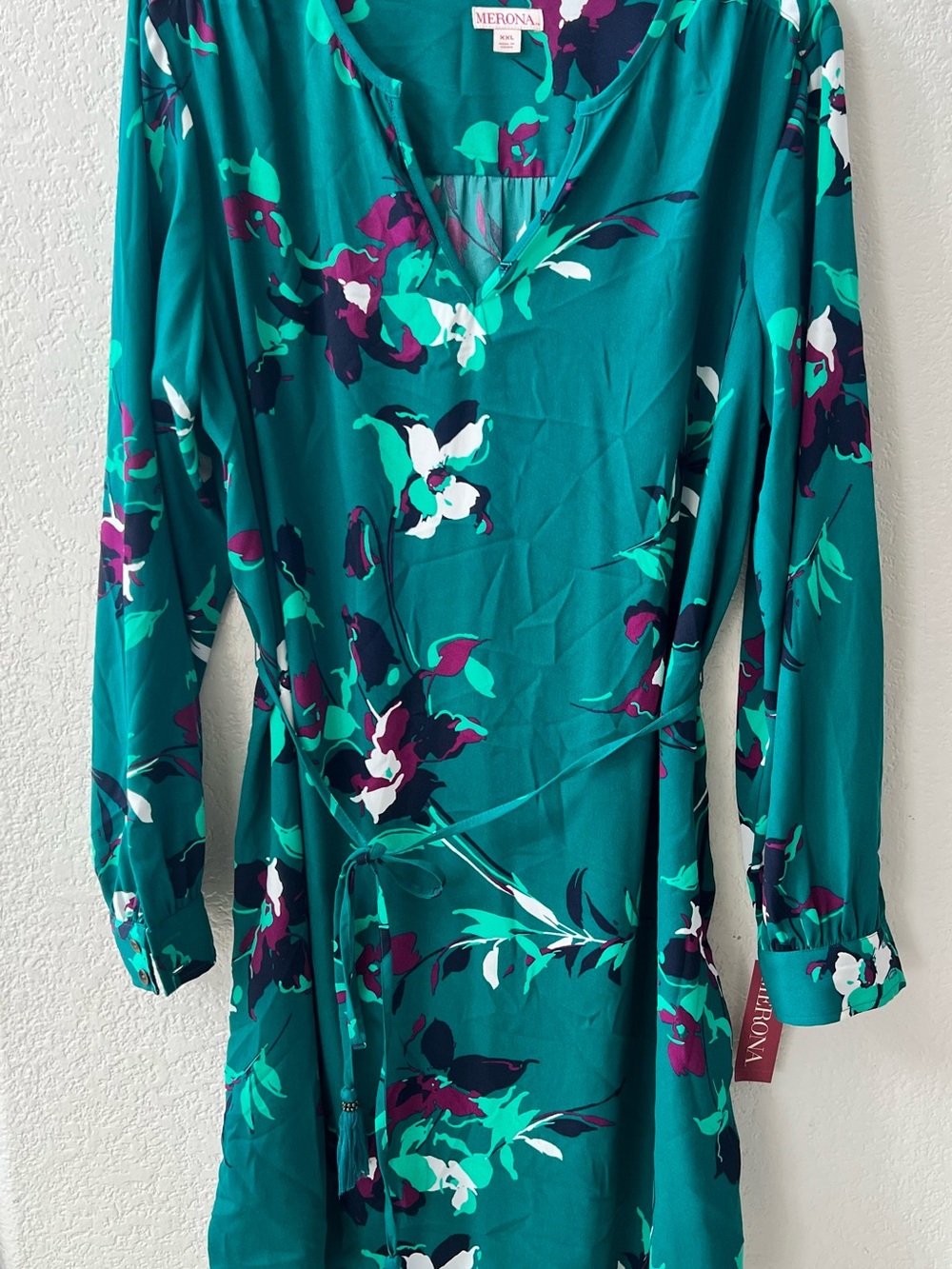Merona Teal Floral Tie-Waist Long Sleeve Dress